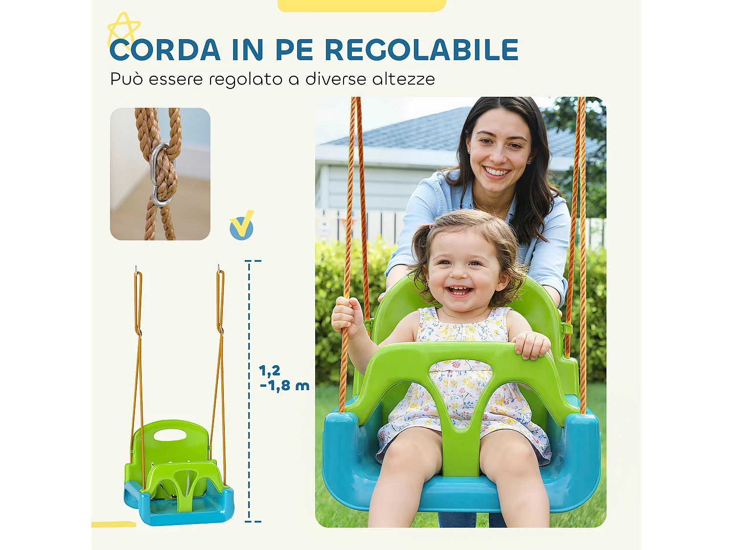 Altalena per bambini 3 in 1 da interno ed esterno plastica verde