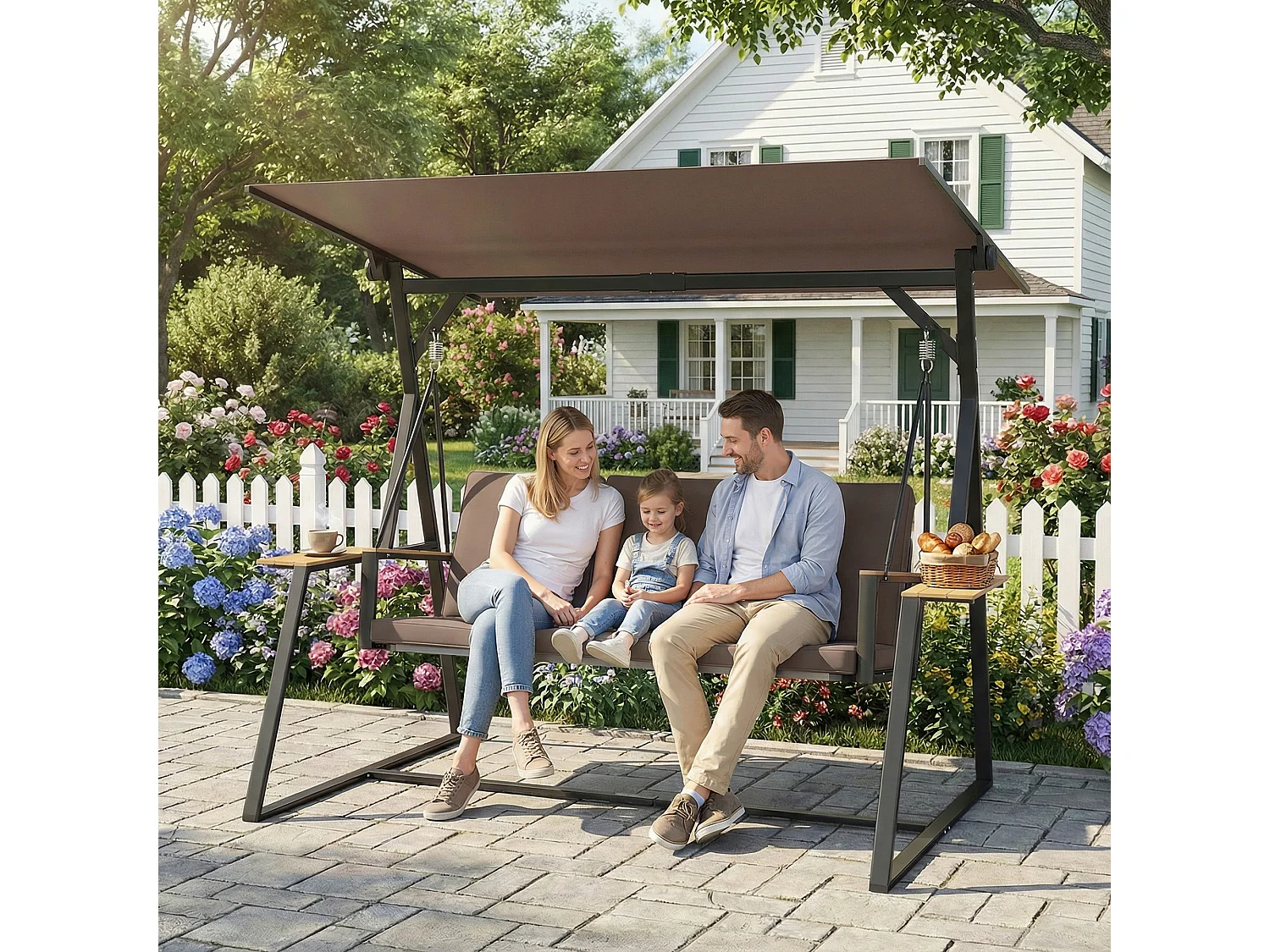 Dondolo da giardino 3 posti struttura in acciaio marrone