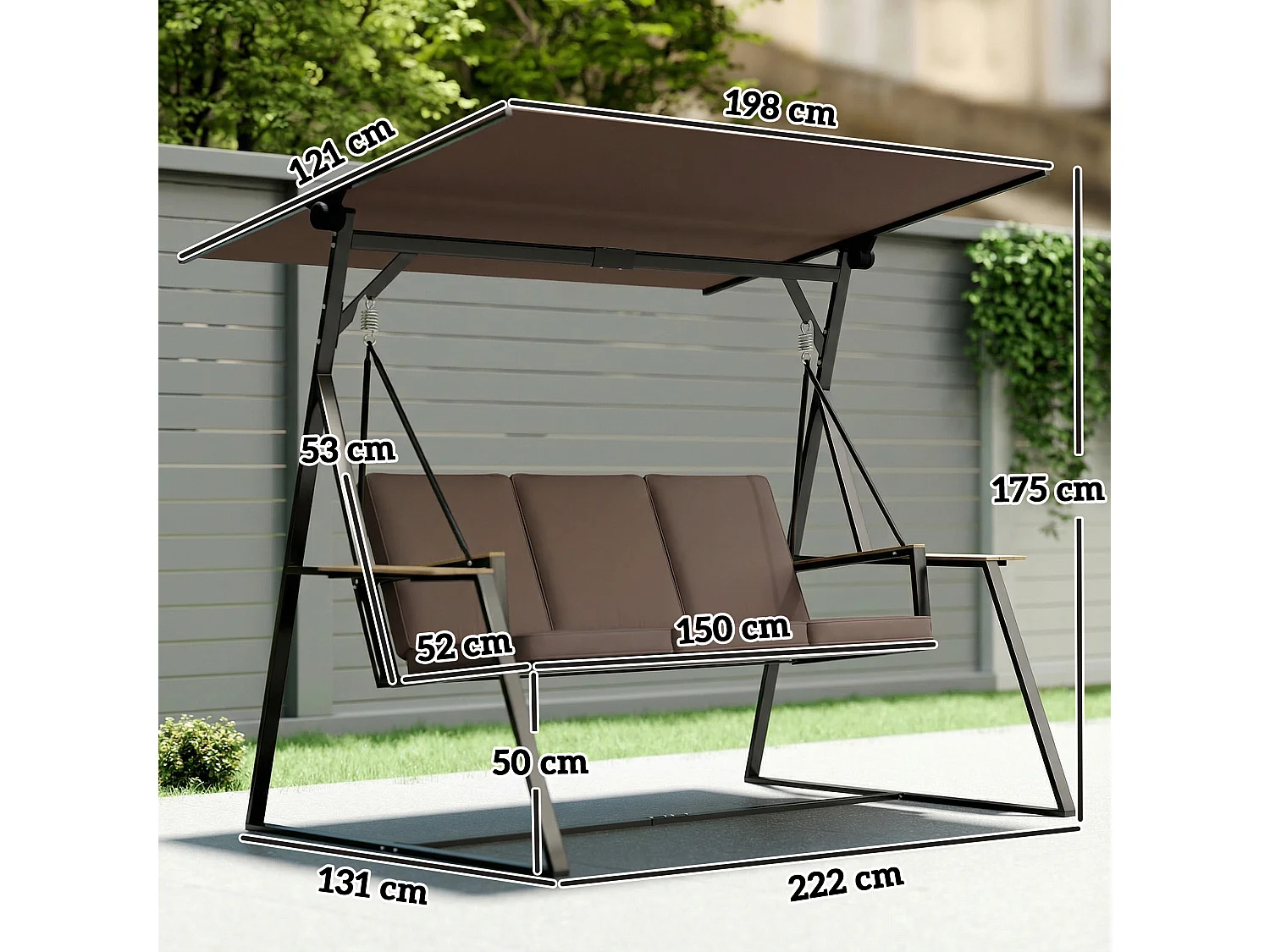 Dondolo da giardino 3 posti struttura in acciaio marrone