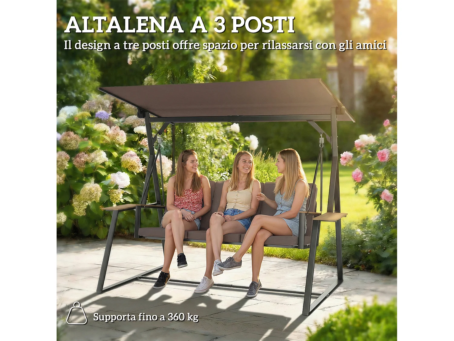 Dondolo da giardino 3 posti struttura in acciaio marrone