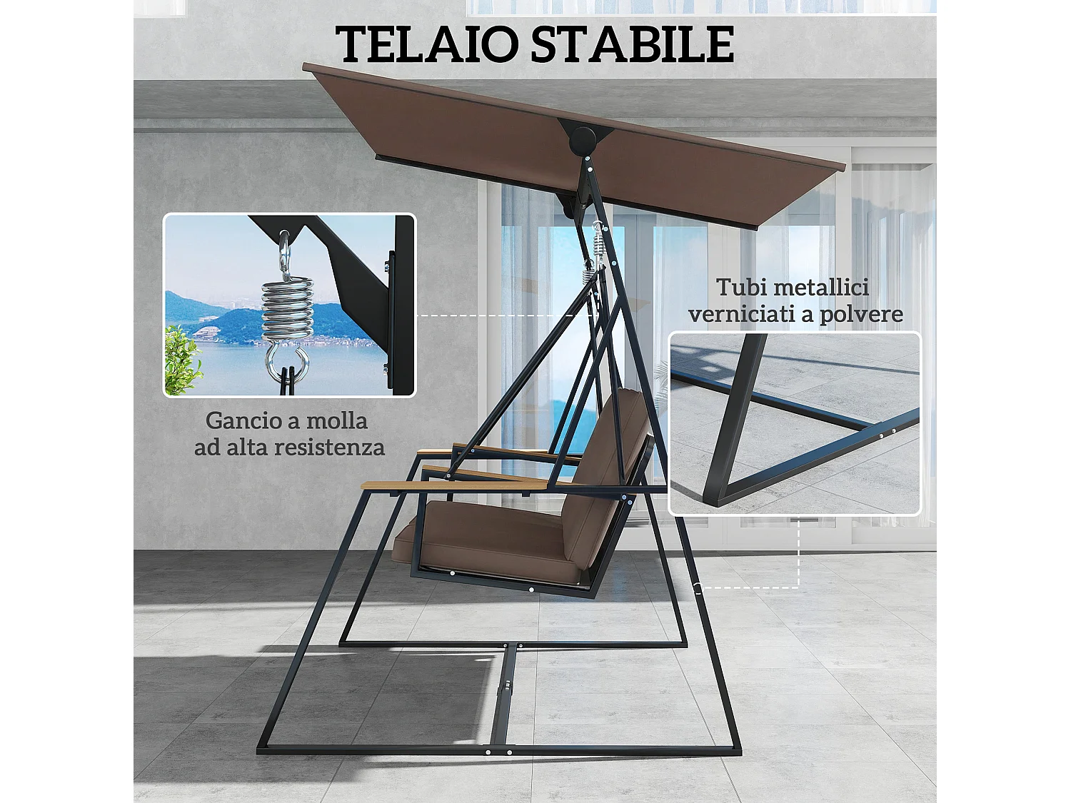 Dondolo da giardino 3 posti struttura in acciaio marrone