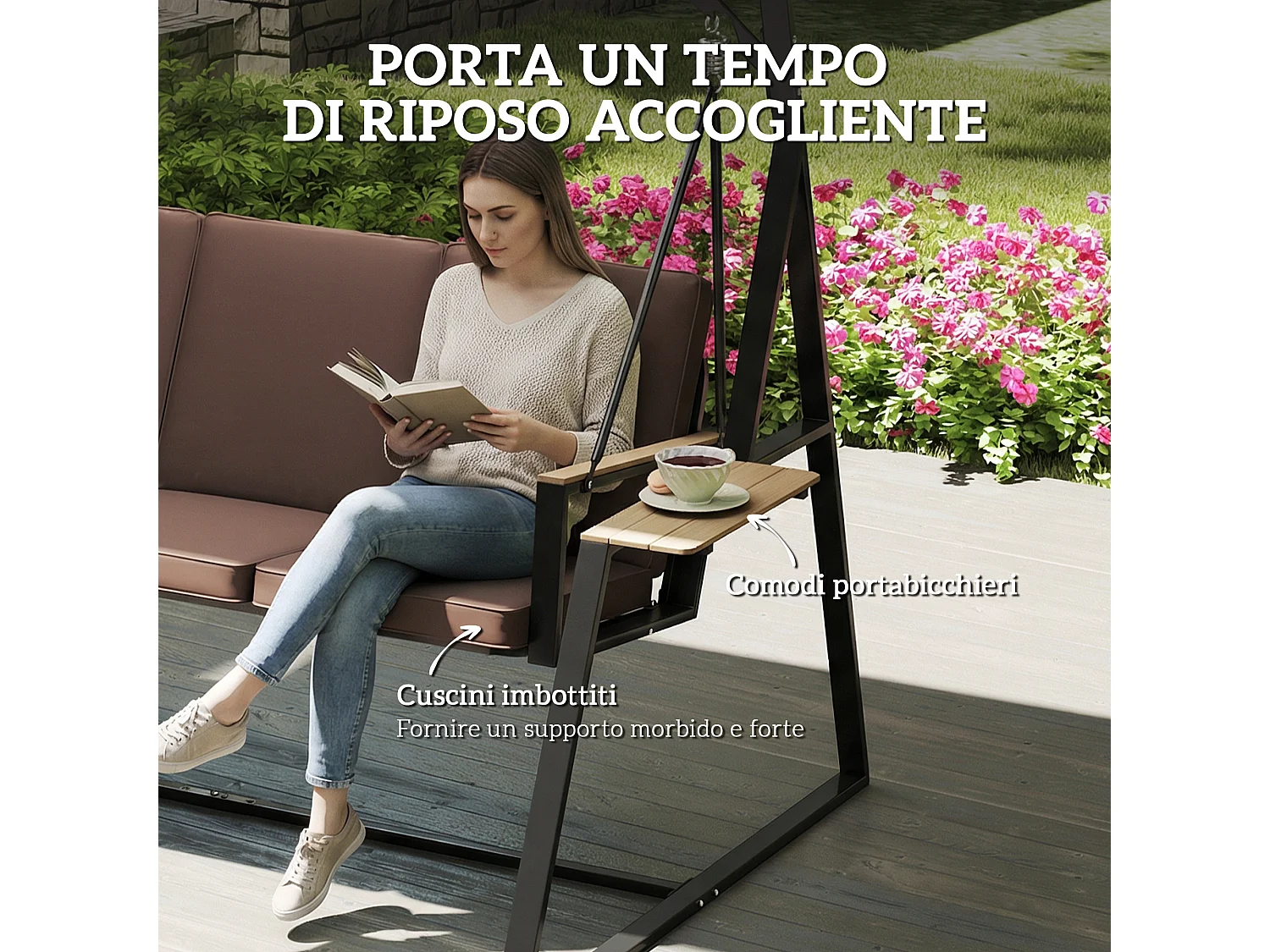 Dondolo da giardino 3 posti struttura in acciaio marrone