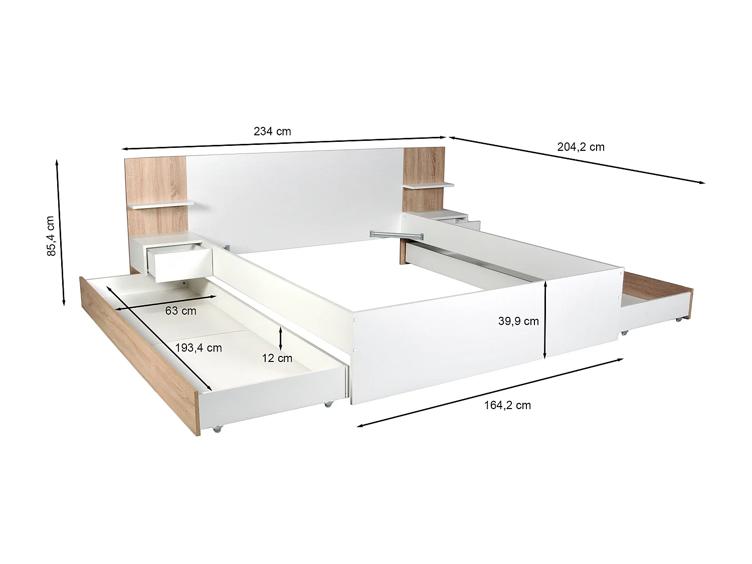 Lit avec tiroirs 160 x 200 cm – Avec 2 chevets et tablettes - Blanc et naturel + Sommier + Matelas – KLYRANA