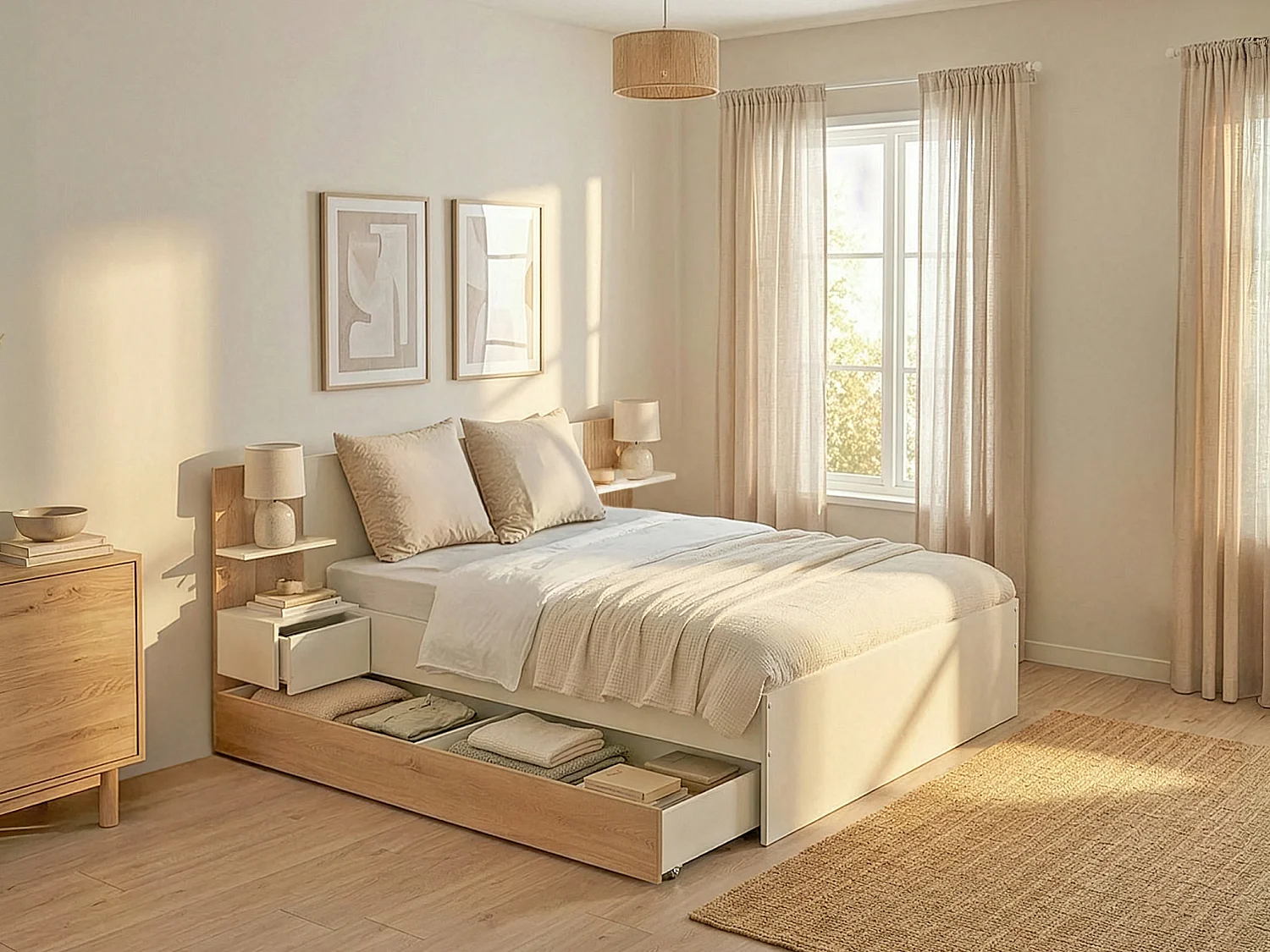 Lit avec tiroirs 160 x 200 cm – Avec 2 chevets et tablettes - Blanc et naturel + Sommier + Matelas – KLYRANA