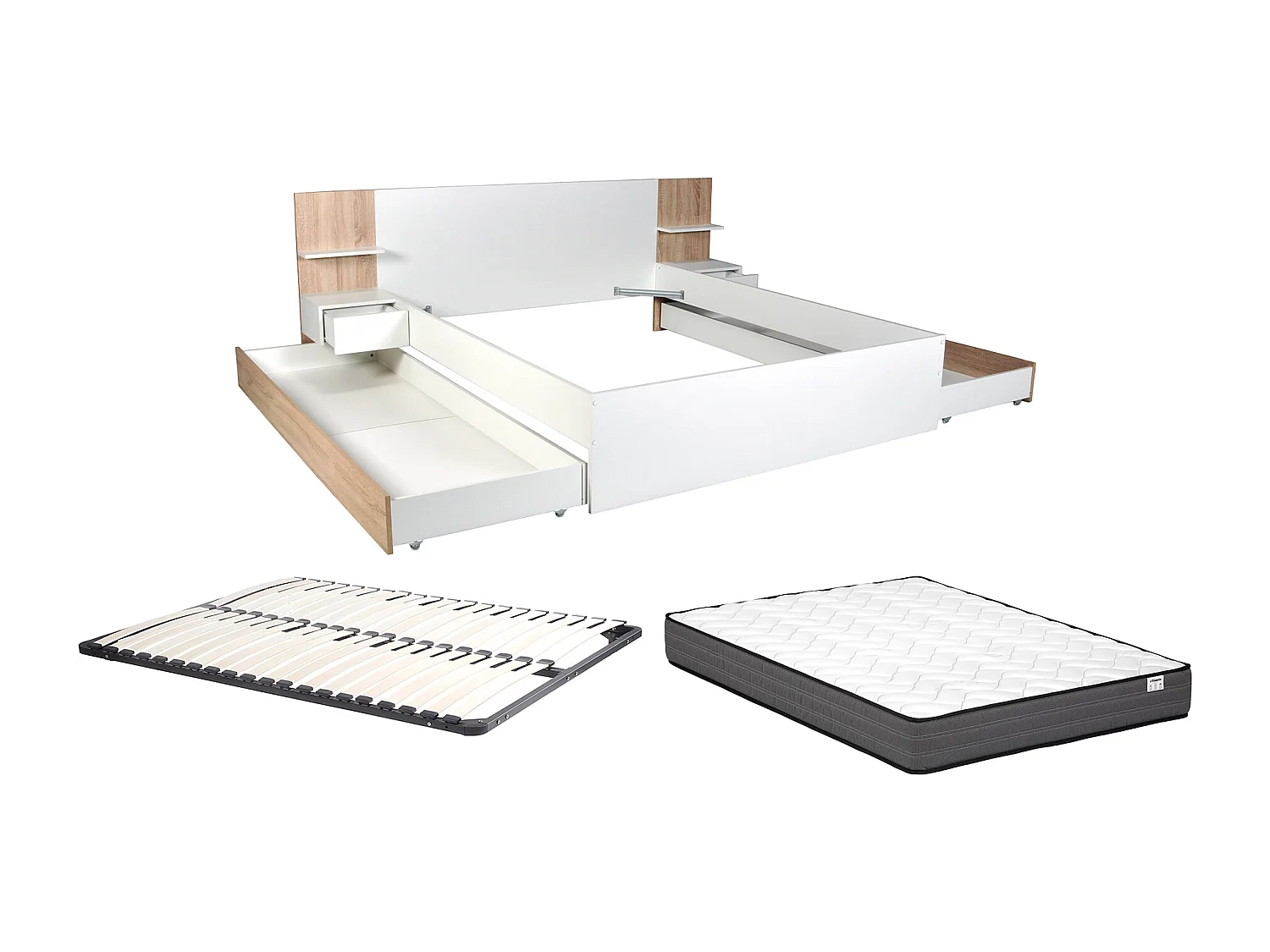 Lit avec tiroirs 160 x 200 cm – Avec 2 chevets et tablettes - Blanc et naturel + Sommier + Matelas – KLYRANA