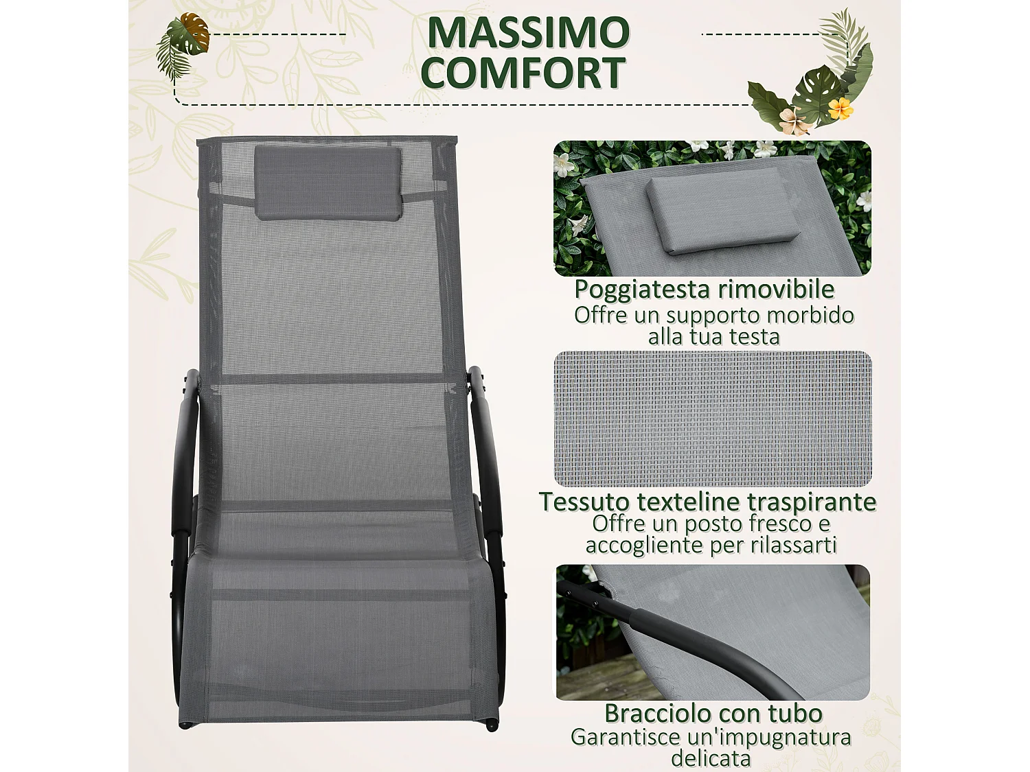 Sdraio a dondolo zero gravity ergonomica metallo e texteline