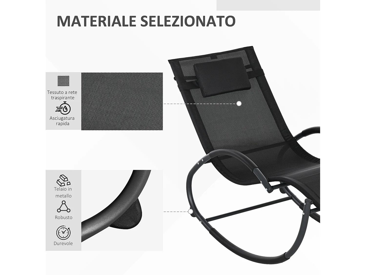 Lettino sdraio a dondolo impermeabile con cuscino poggiatesta nero