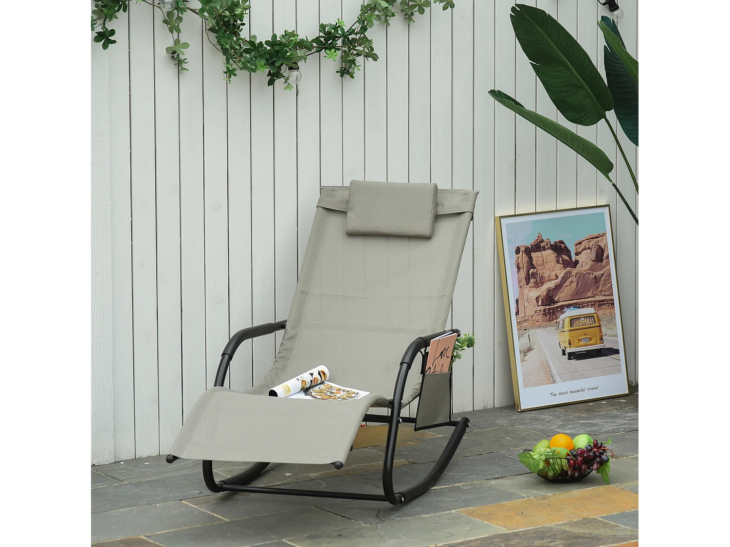 Poltrona a dondolo da giardino con poggiatesta e tasca