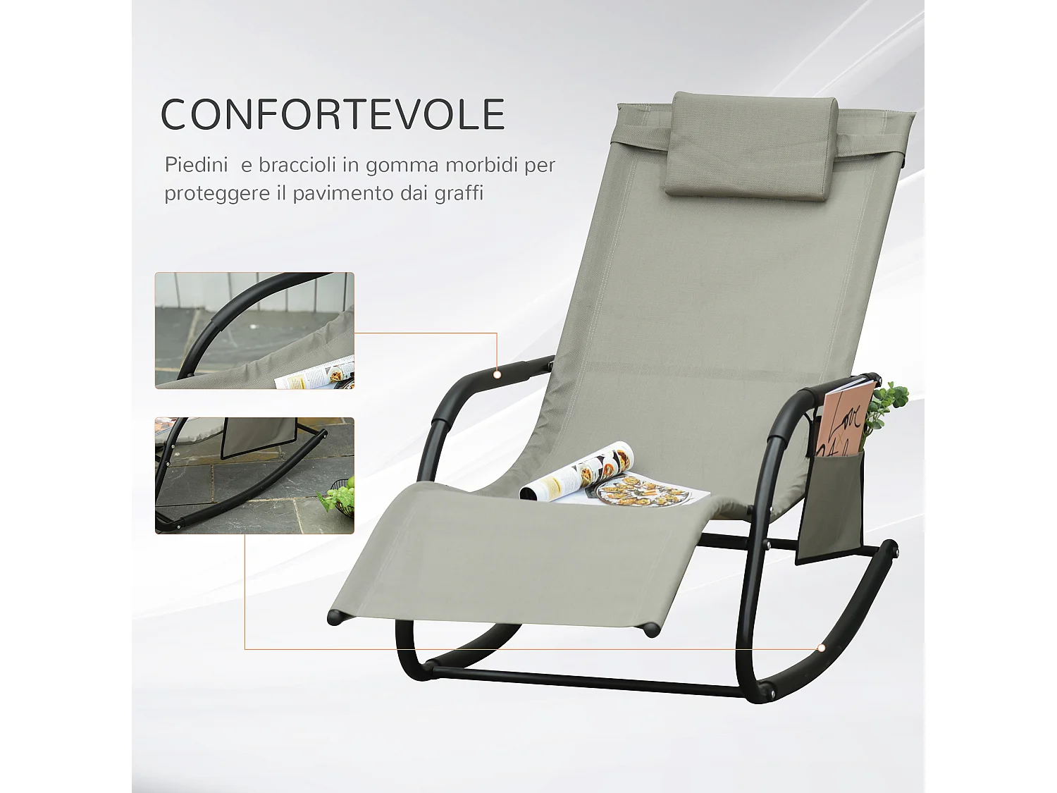 Poltrona a dondolo da giardino con poggiatesta e tasca