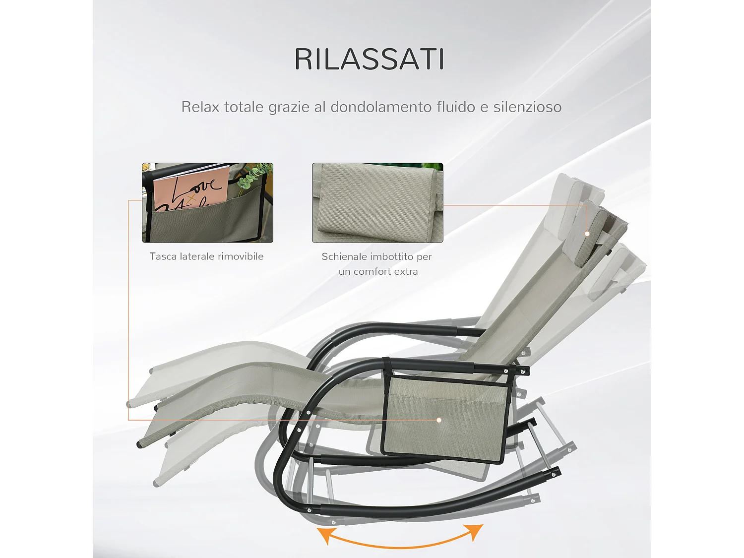 Poltrona a dondolo da giardino con poggiatesta e tasca