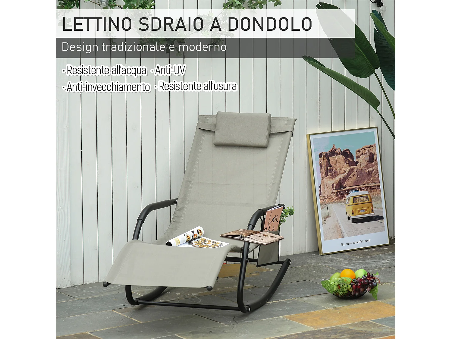 Poltrona a dondolo da giardino con poggiatesta e tasca