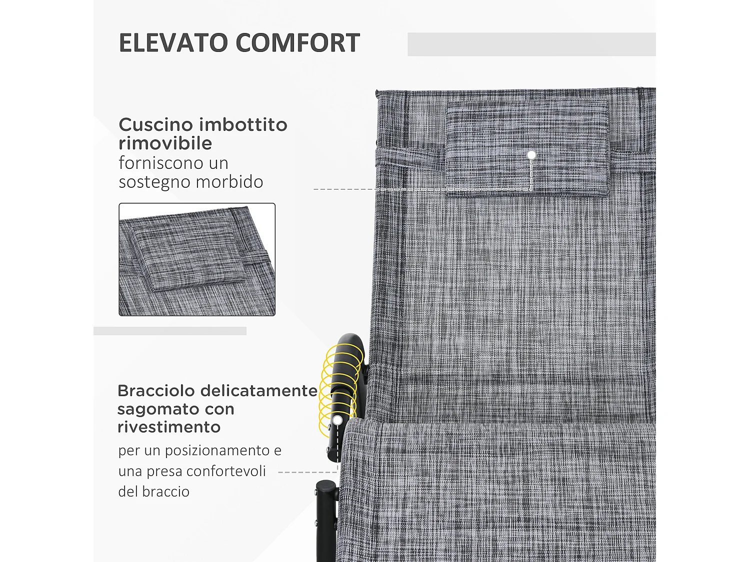 Lettino sdraio a dondolo impermeabile con cuscino poggiatesta grigio