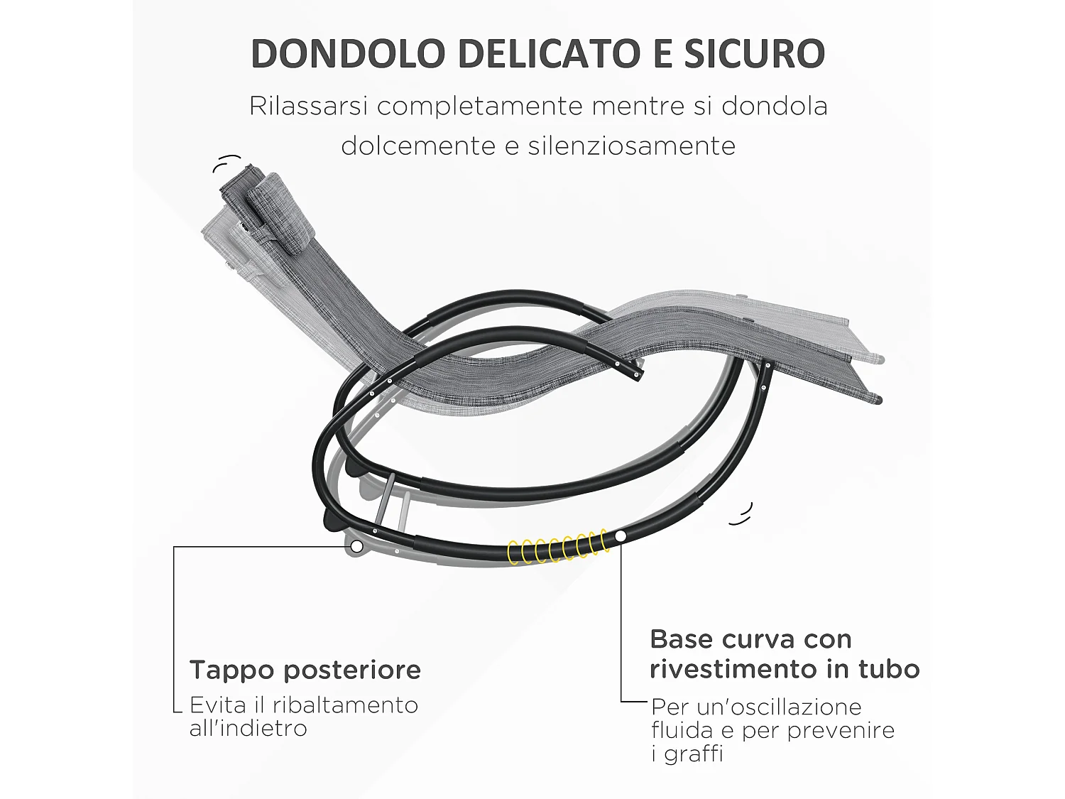 Lettino sdraio a dondolo impermeabile con cuscino poggiatesta grigio