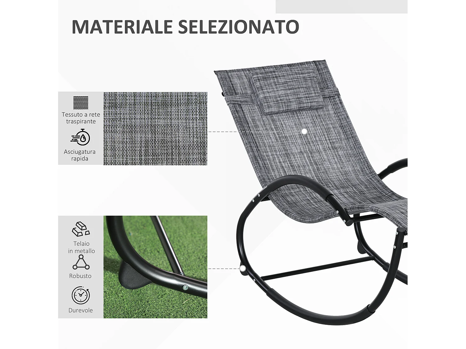 Lettino sdraio a dondolo impermeabile con cuscino poggiatesta grigio