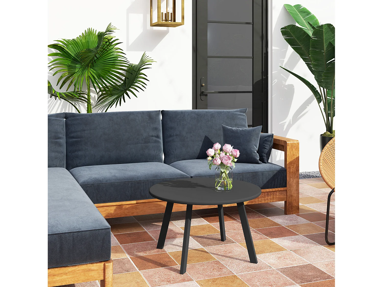 Tavolino da giardino rotondo stile industriale in metallo nero