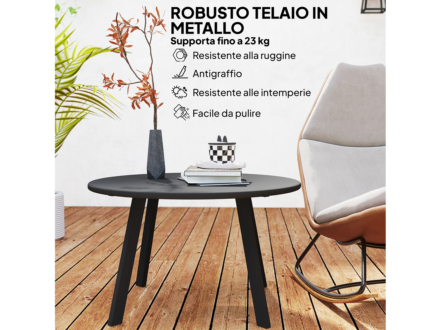 Tavolino da giardino rotondo stile industriale in metallo nero