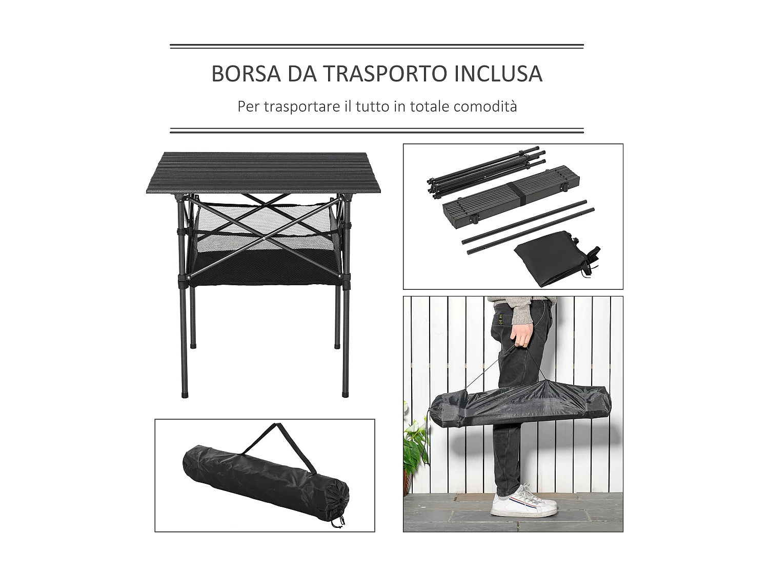 Tavolo da campeggio pieghevole e salvaspazio con borsa da viaggio