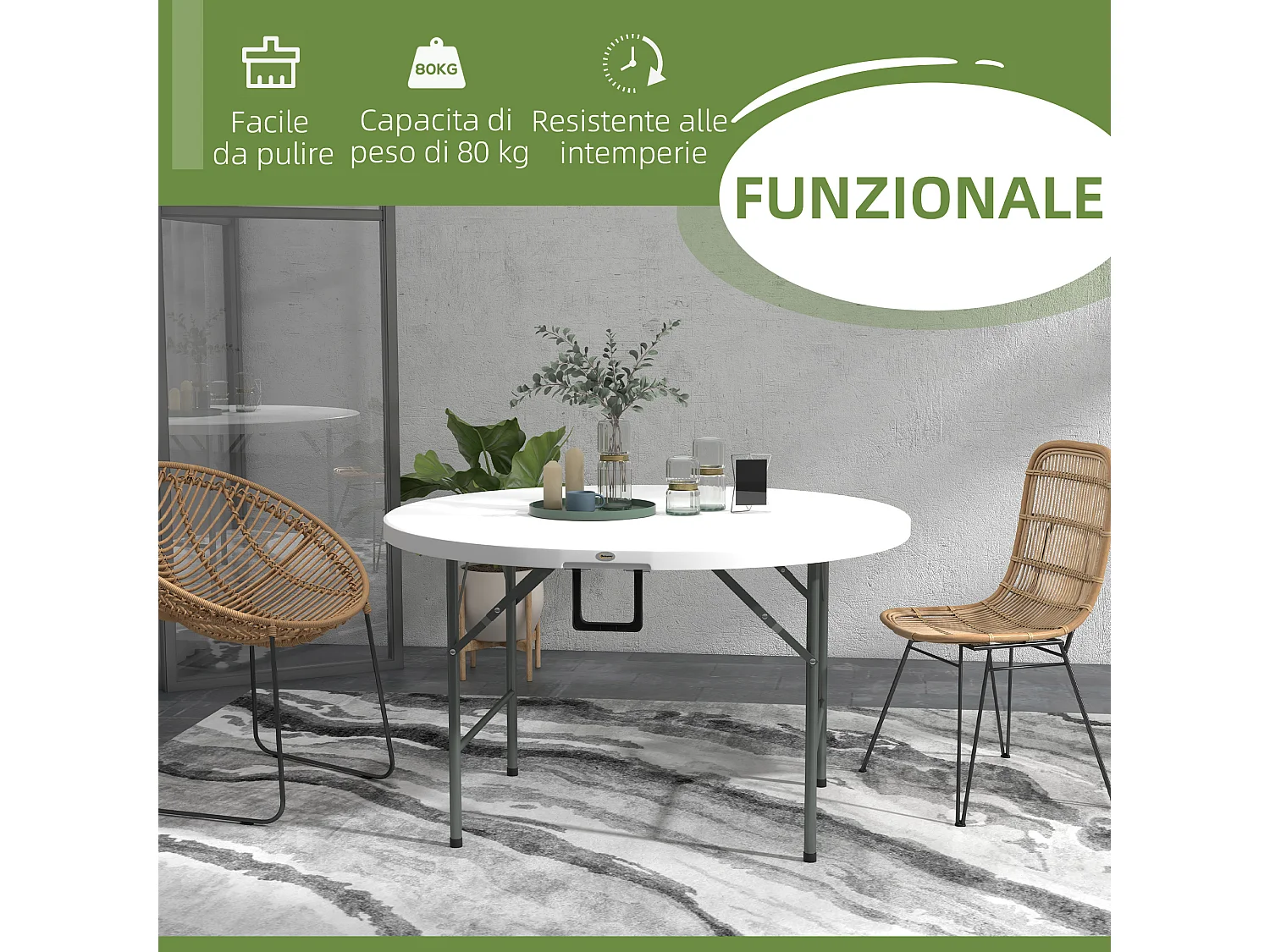 Tavolo da giardino pieghevole e rotondo grigio e bianco