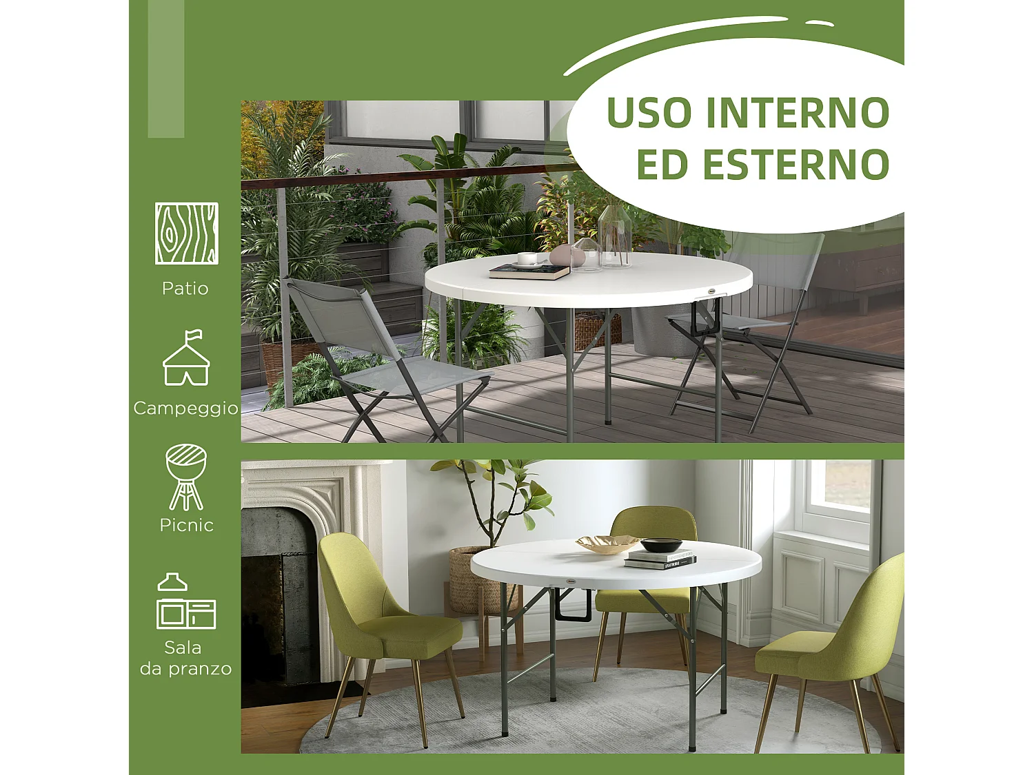 Tavolo da giardino pieghevole e rotondo grigio e bianco