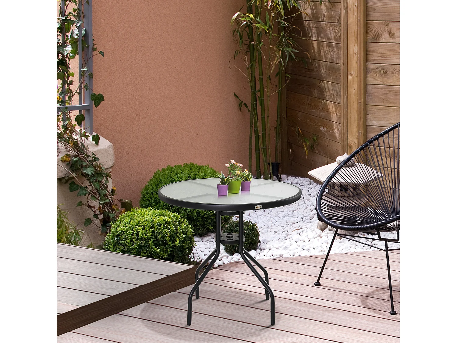 Tavolino da Giardino con Piano in Vetro Temperato e Foro per Ombrellone in Acciaio