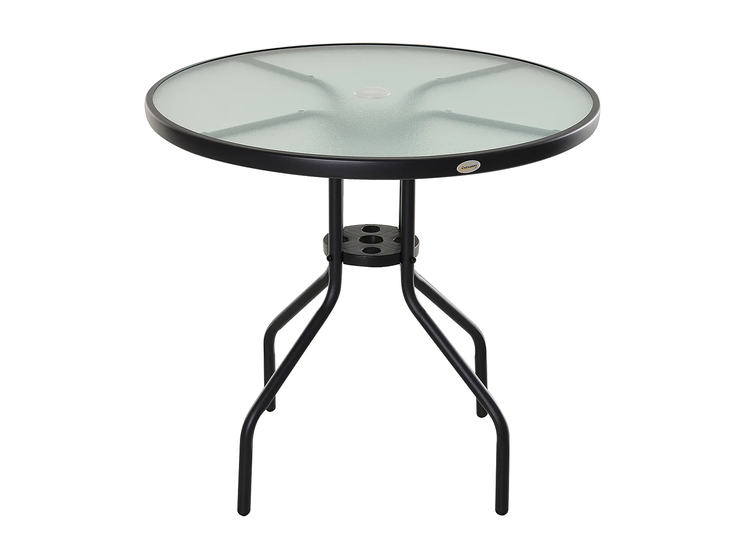 Tavolino da Giardino con Piano in Vetro Temperato e Foro per Ombrellone in Acciaio