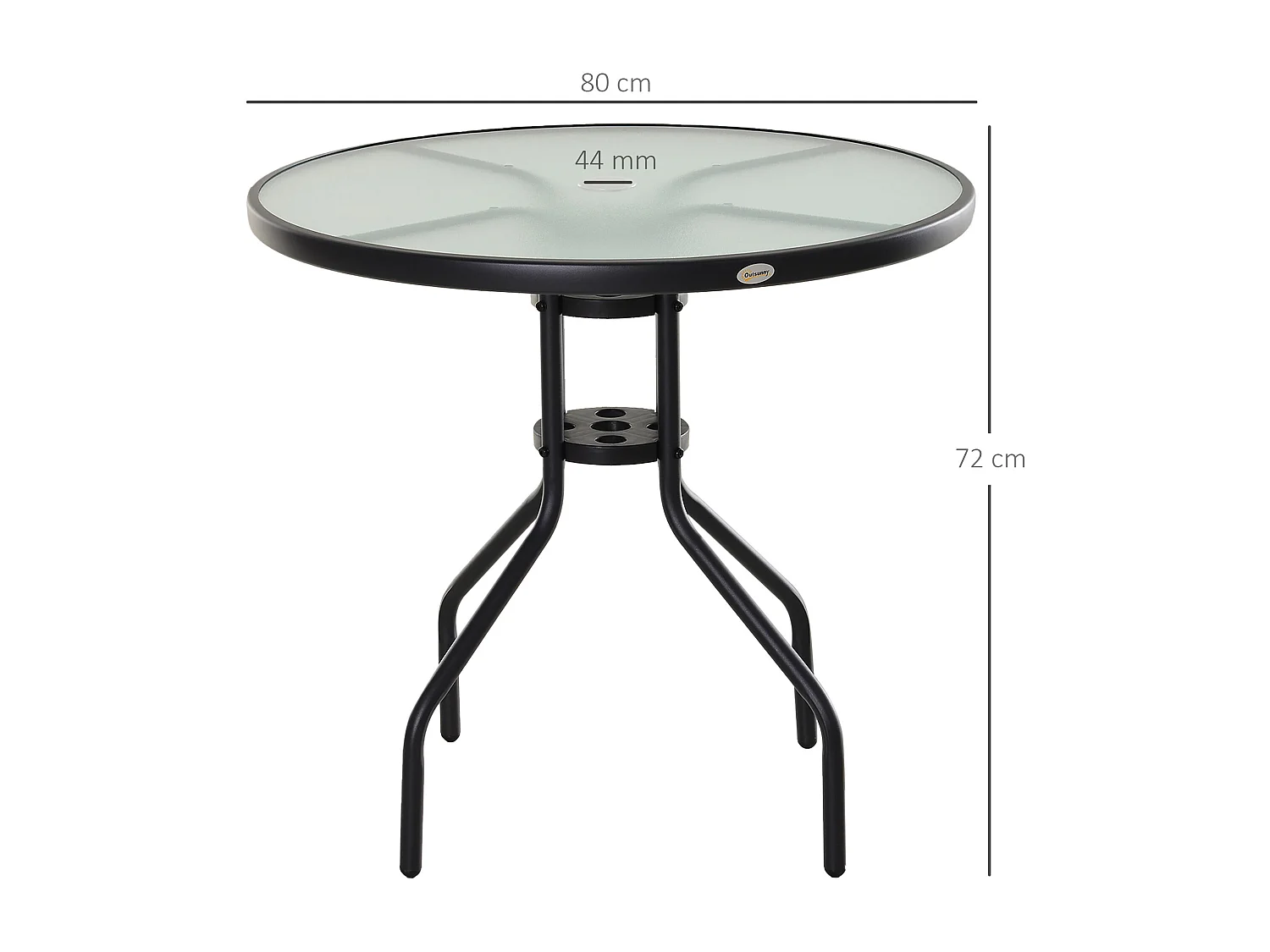 Tavolino da Giardino con Piano in Vetro Temperato e Foro per Ombrellone in Acciaio