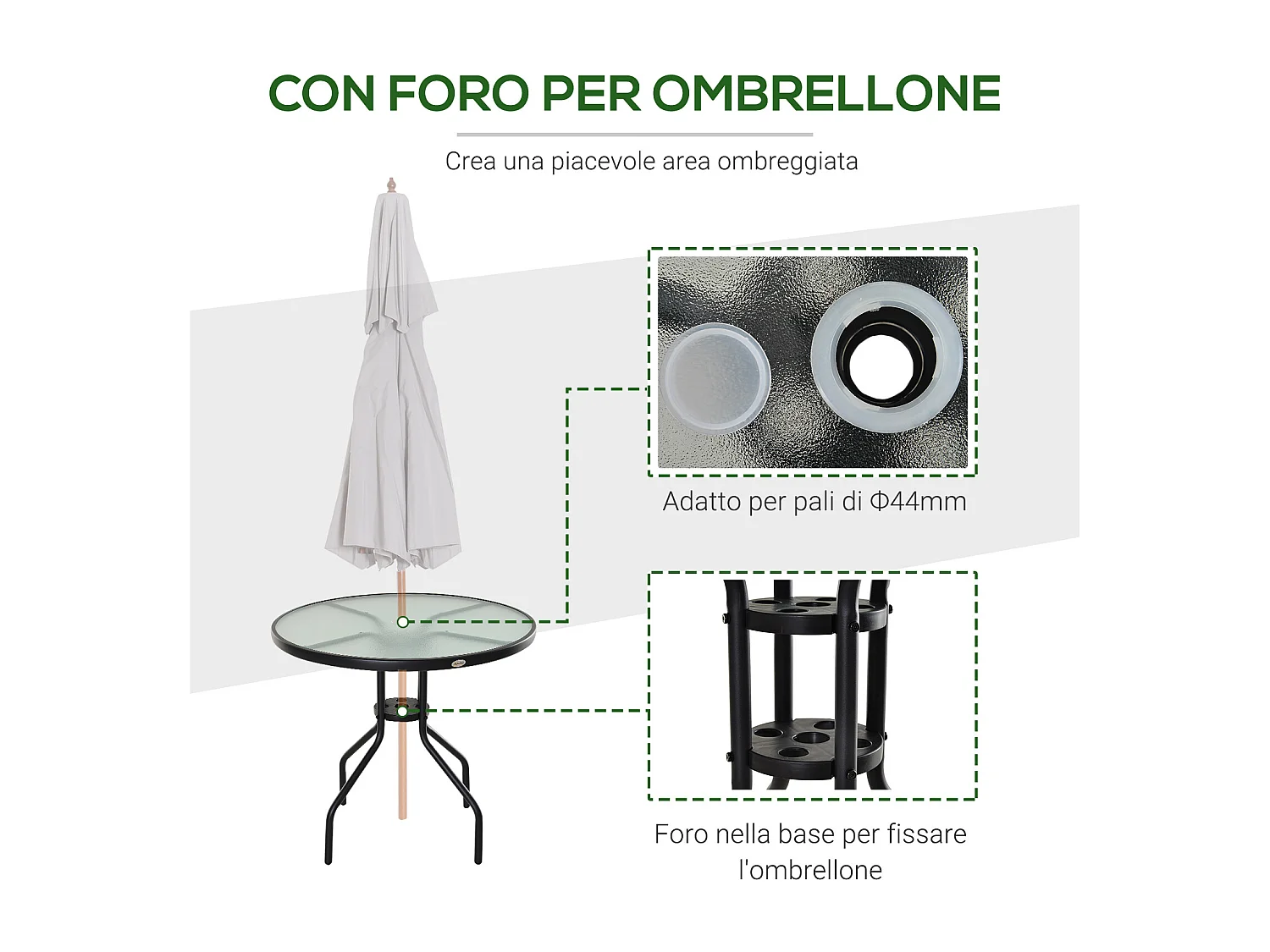 Tavolino da Giardino con Piano in Vetro Temperato e Foro per Ombrellone in Acciaio