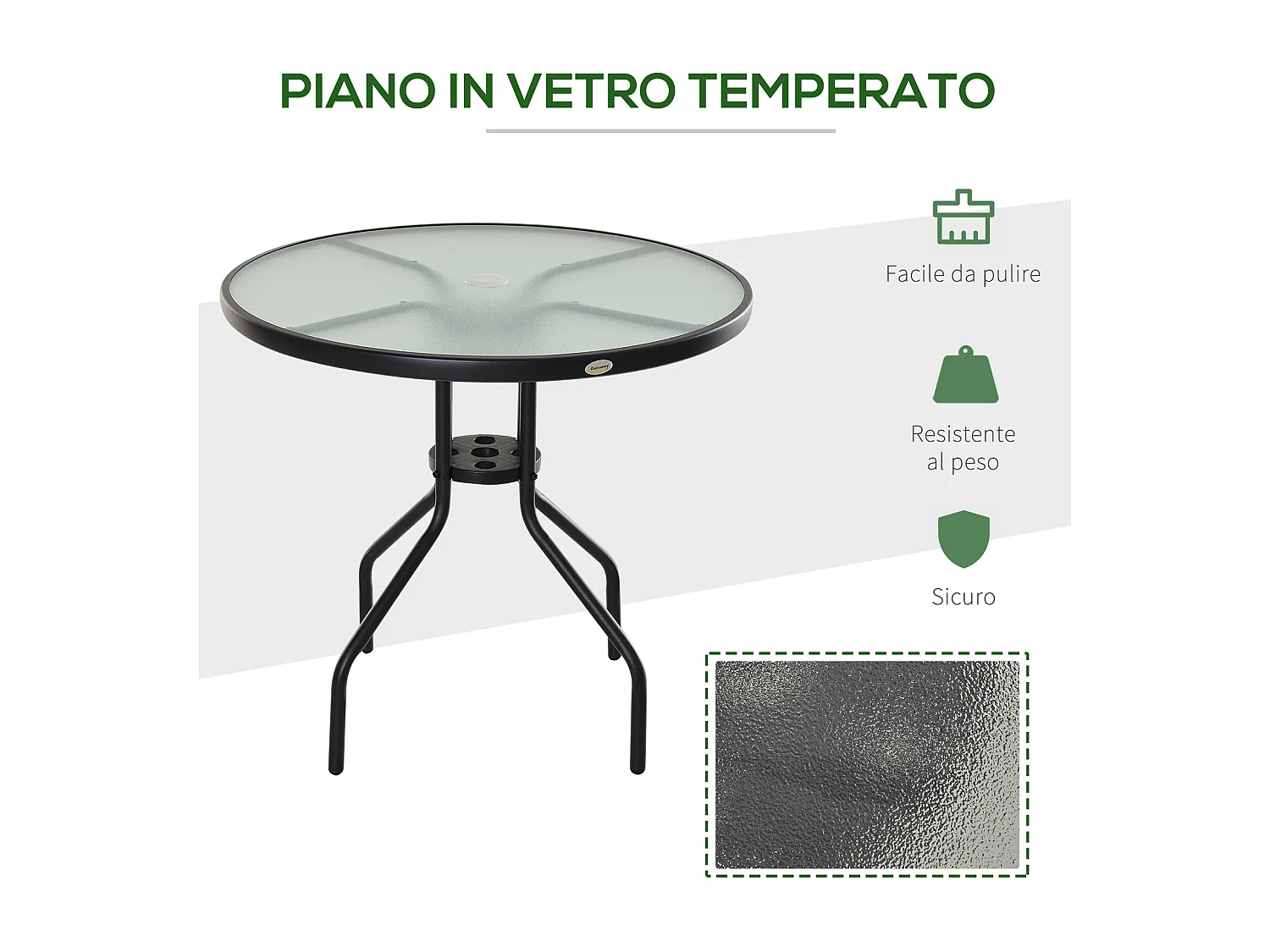 Tavolino da Giardino con Piano in Vetro Temperato e Foro per Ombrellone in Acciaio