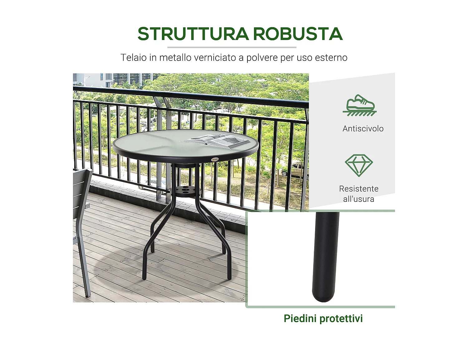 Tavolino da Giardino con Piano in Vetro Temperato e Foro per Ombrellone in Acciaio