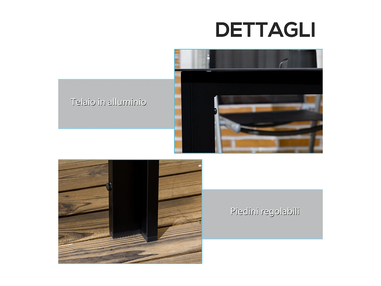 Tavolo da giardino per 6 persone in vetro e alluminio nero