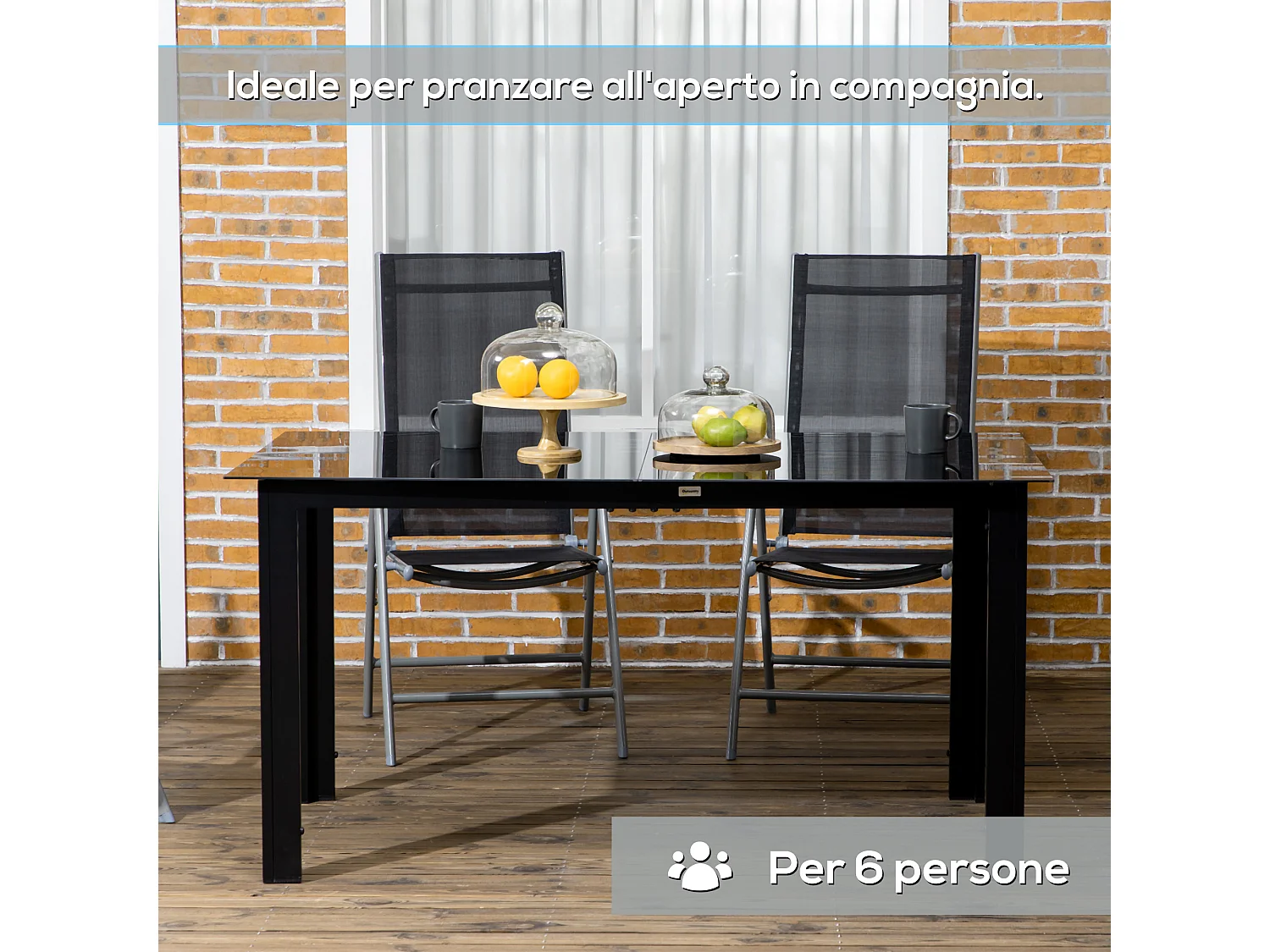 Tavolo da giardino per 6 persone in vetro e alluminio nero