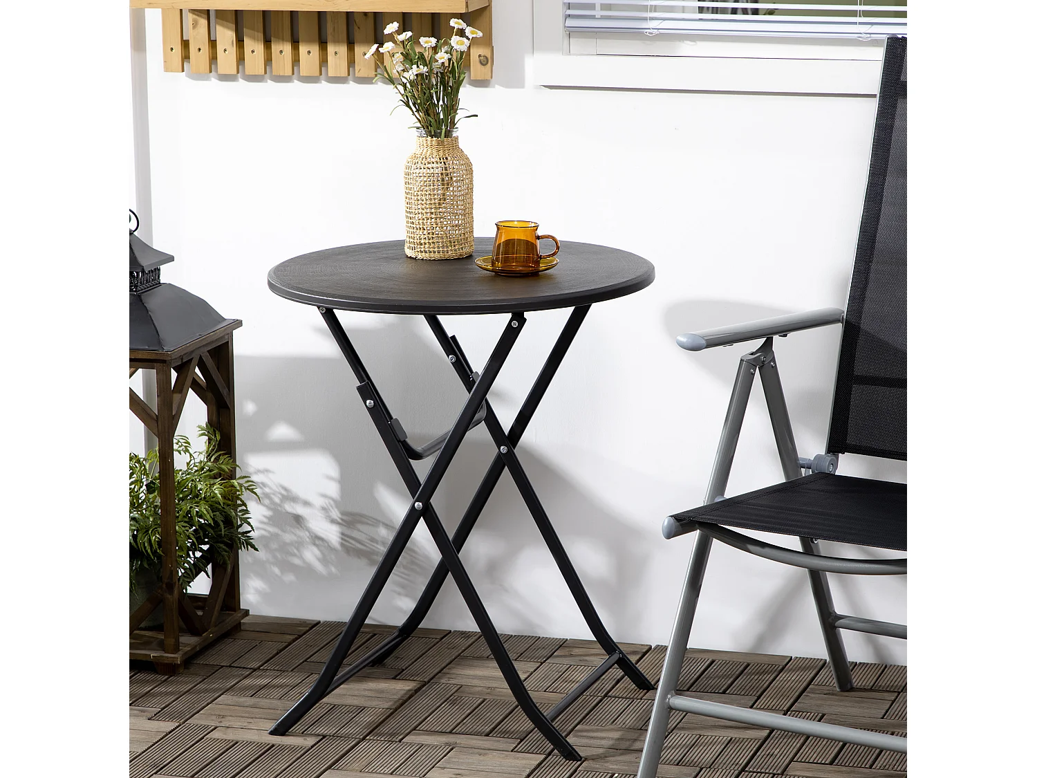 Tavolo da giardino rotondo e pieghevole in acciaio e hdpe grigio scuro