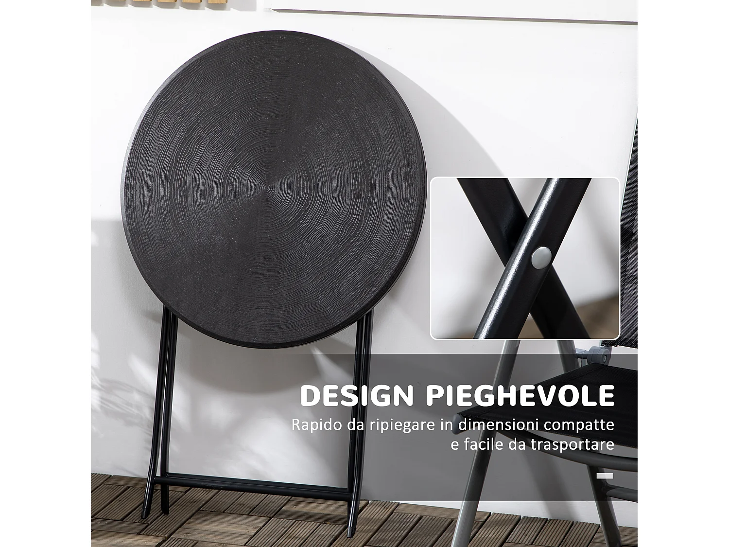 Tavolo da giardino rotondo e pieghevole in acciaio e hdpe grigio scuro