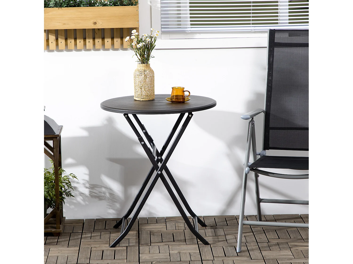 Tavolo da giardino rotondo e pieghevole in acciaio e hdpe grigio scuro