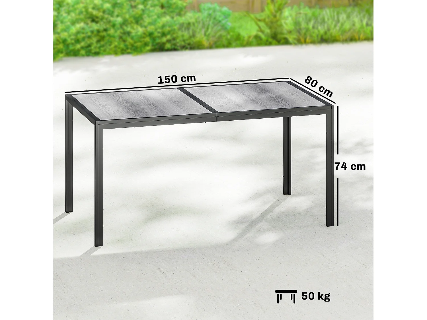 Tavolo da giardino con piano effetto legno in acciaio grigio e nero
