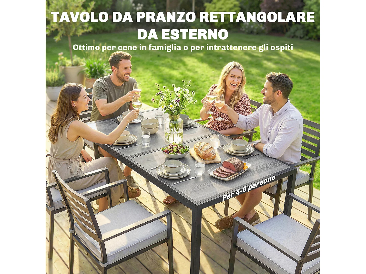 Tavolo da giardino con piano effetto legno in acciaio grigio e nero