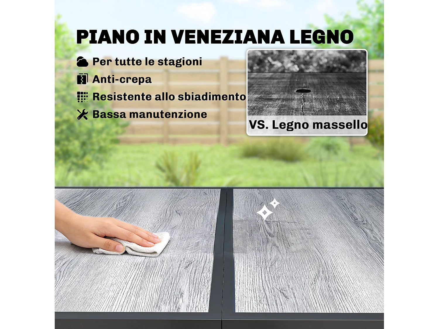 Tavolo da giardino con piano effetto legno in acciaio grigio e nero