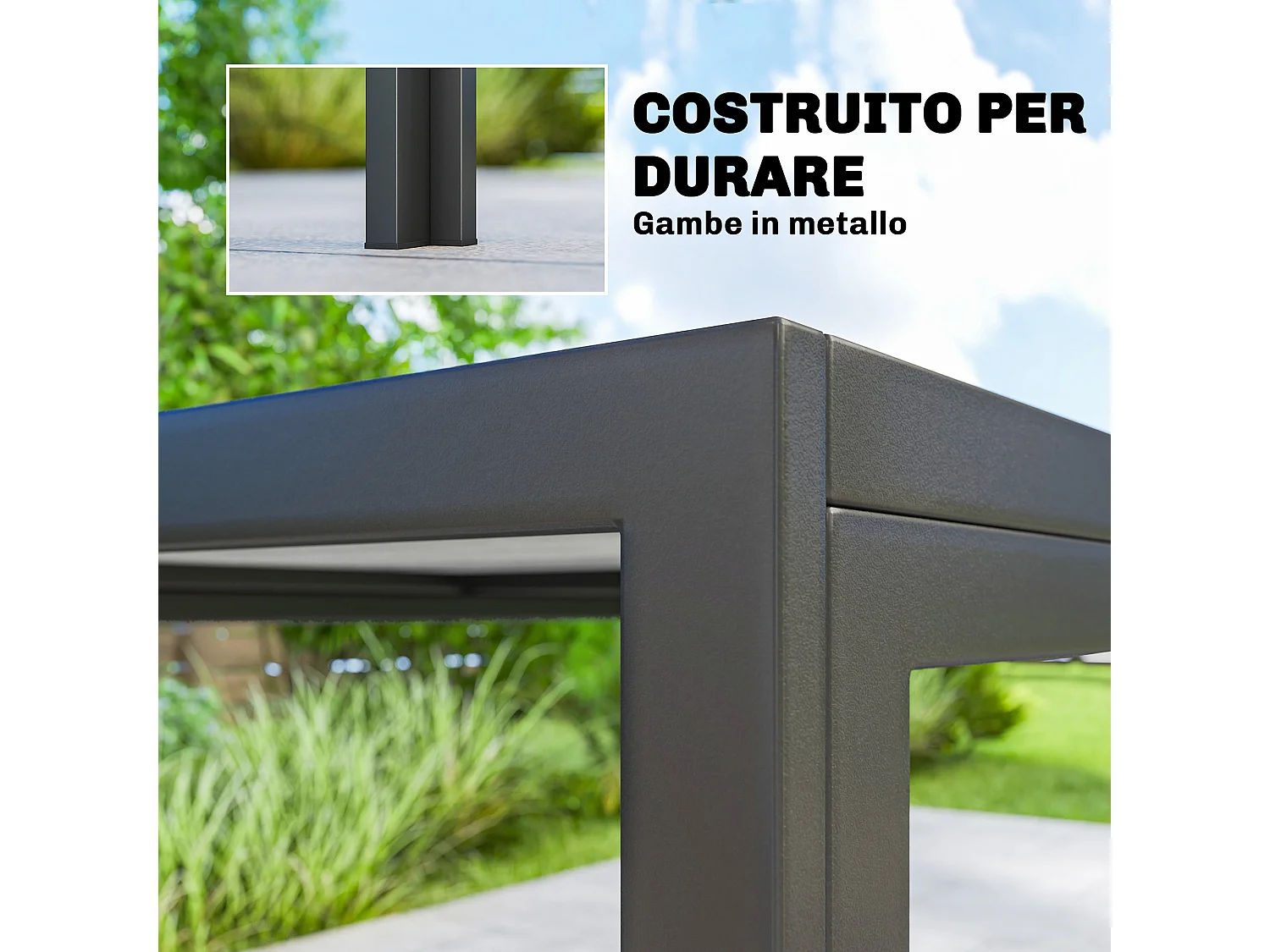 Tavolo da giardino con piano effetto legno in acciaio grigio e nero