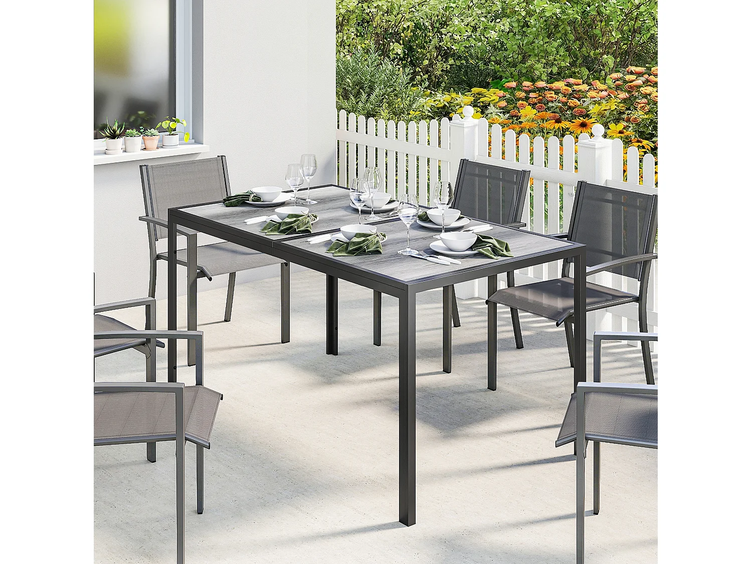 Tavolo da giardino con piano effetto legno in acciaio grigio e nero