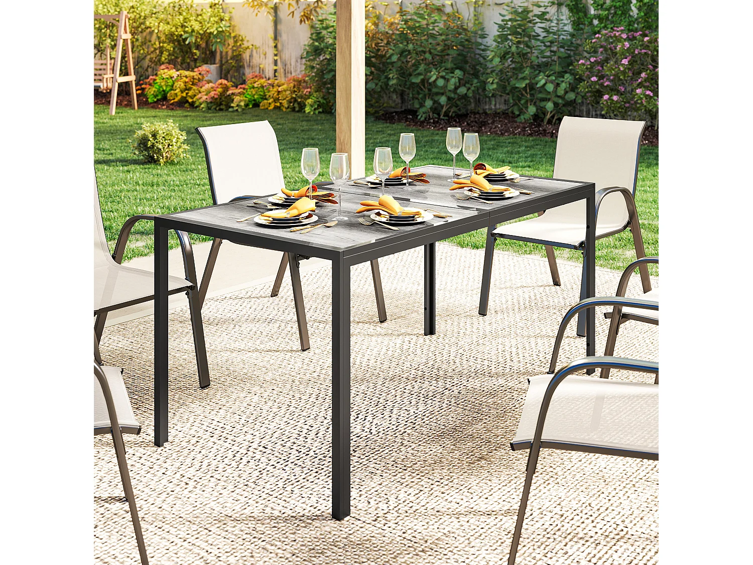 Tavolo da giardino con piano effetto legno in acciaio grigio e nero