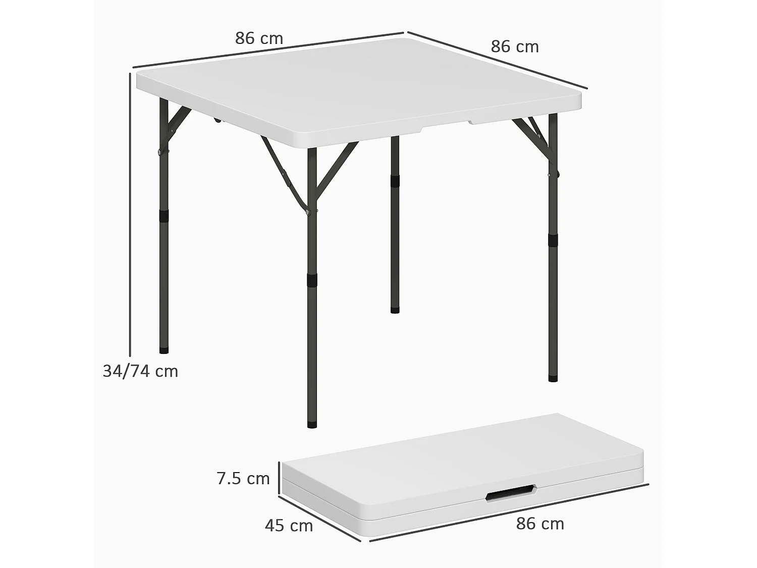 Tavolo da campeggio pieghevole con 2 altezze 86x86x74 cm bianco