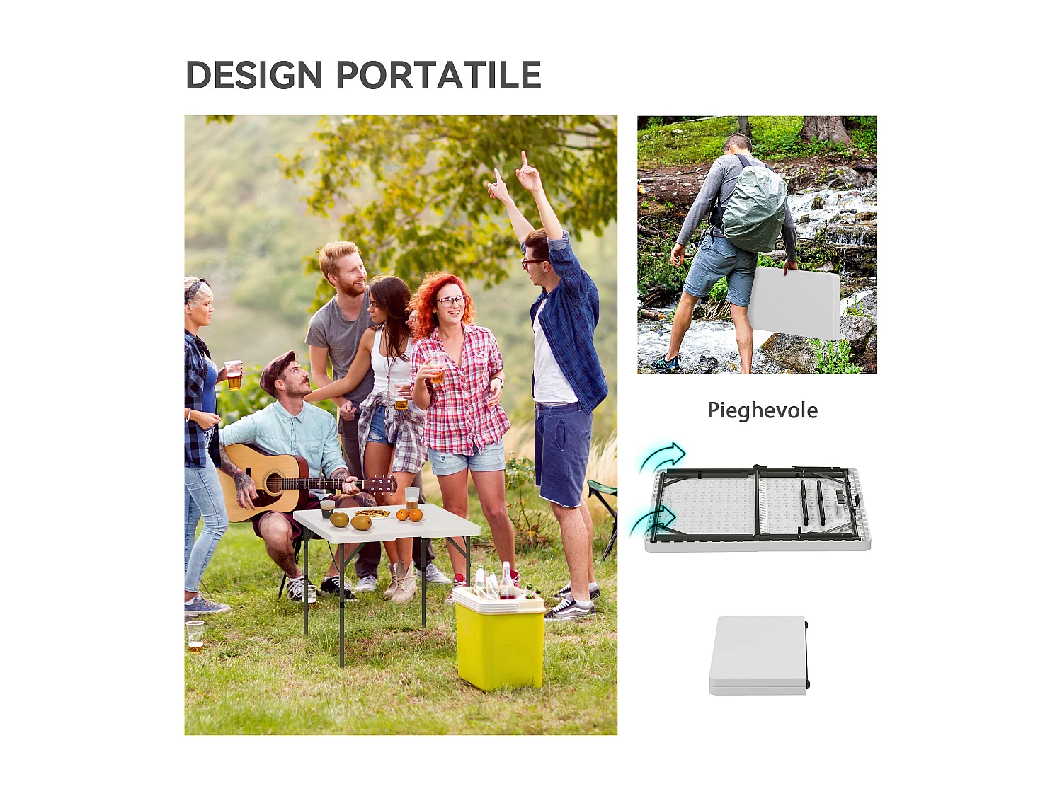 Tavolo da campeggio pieghevole con 2 altezze 86x86x74 cm bianco