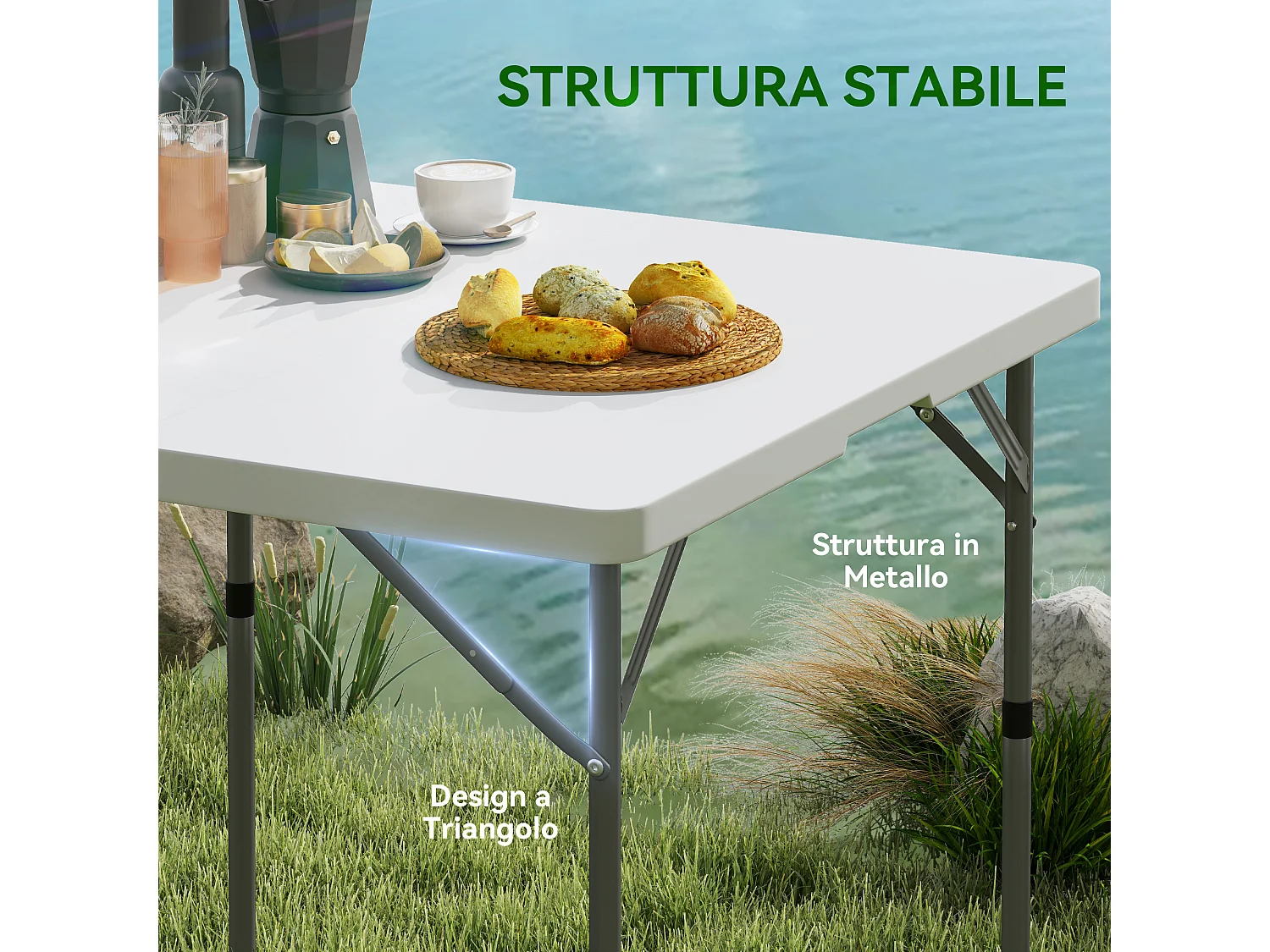 Tavolo da campeggio pieghevole con 2 altezze 86x86x74 cm bianco