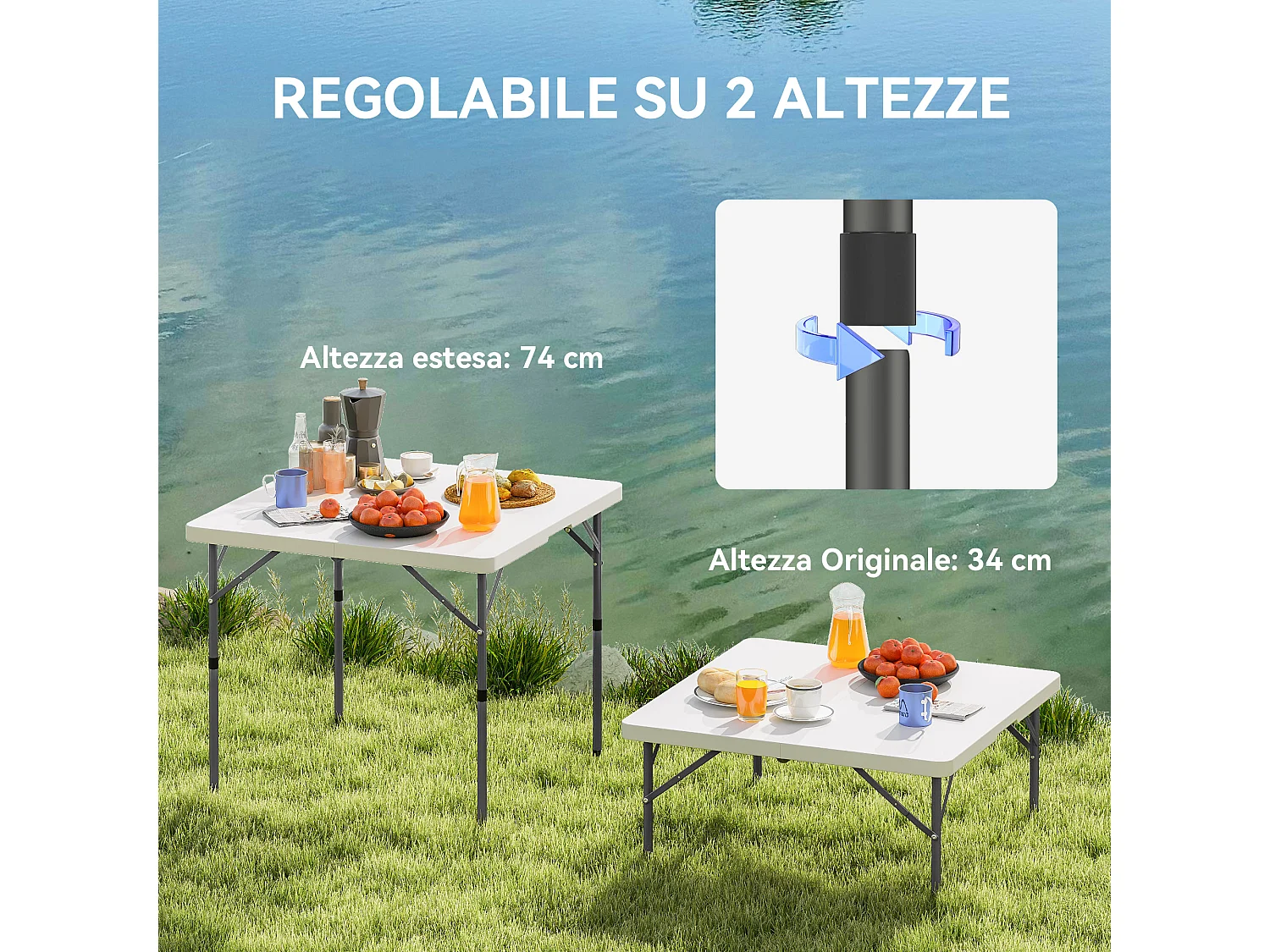 Tavolo da campeggio pieghevole con 2 altezze 86x86x74 cm bianco