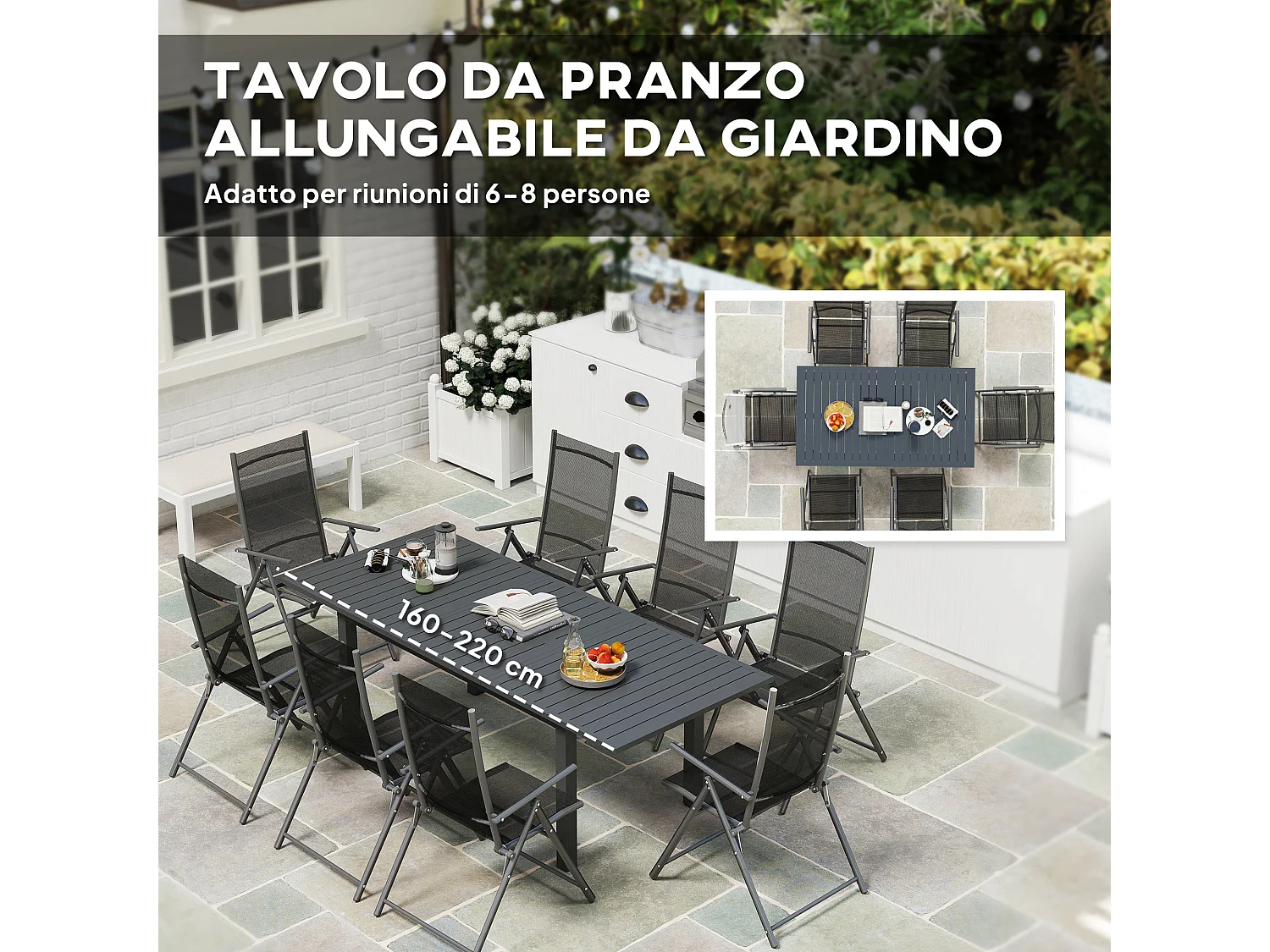 Tavolo allungabile da giardino 160-220 cm per 6-8 persone grigio