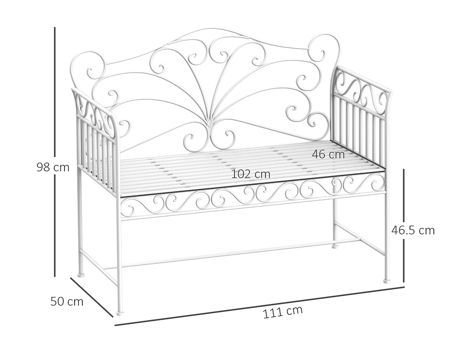 Panchina 2 Posti da Giardino Stile Romantico in Ferro Bianco