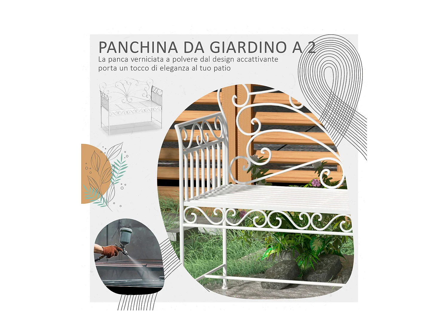 Panchina 2 Posti da Giardino Stile Romantico in Ferro Bianco