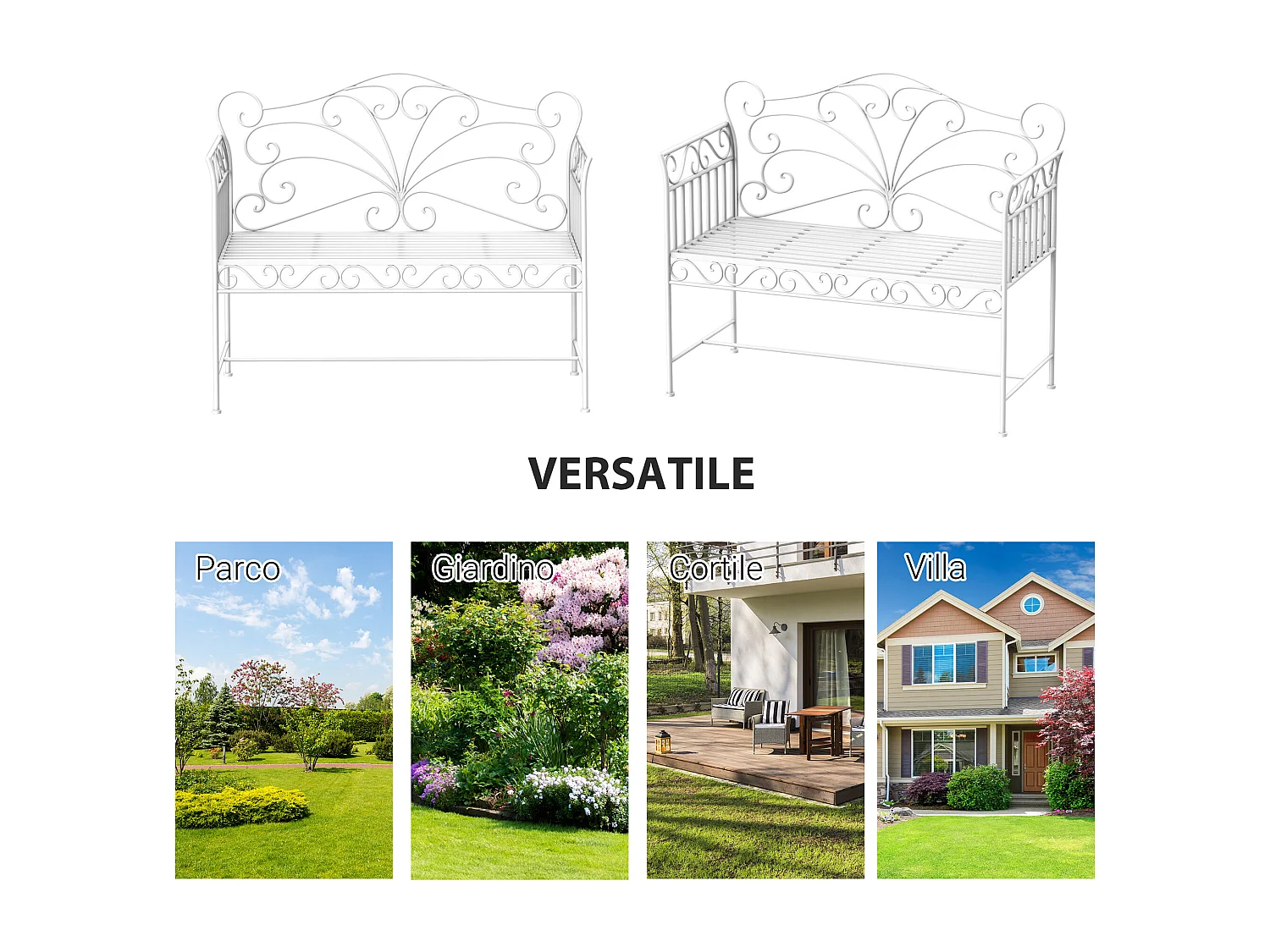 Panchina 2 Posti da Giardino Stile Romantico in Ferro Bianco