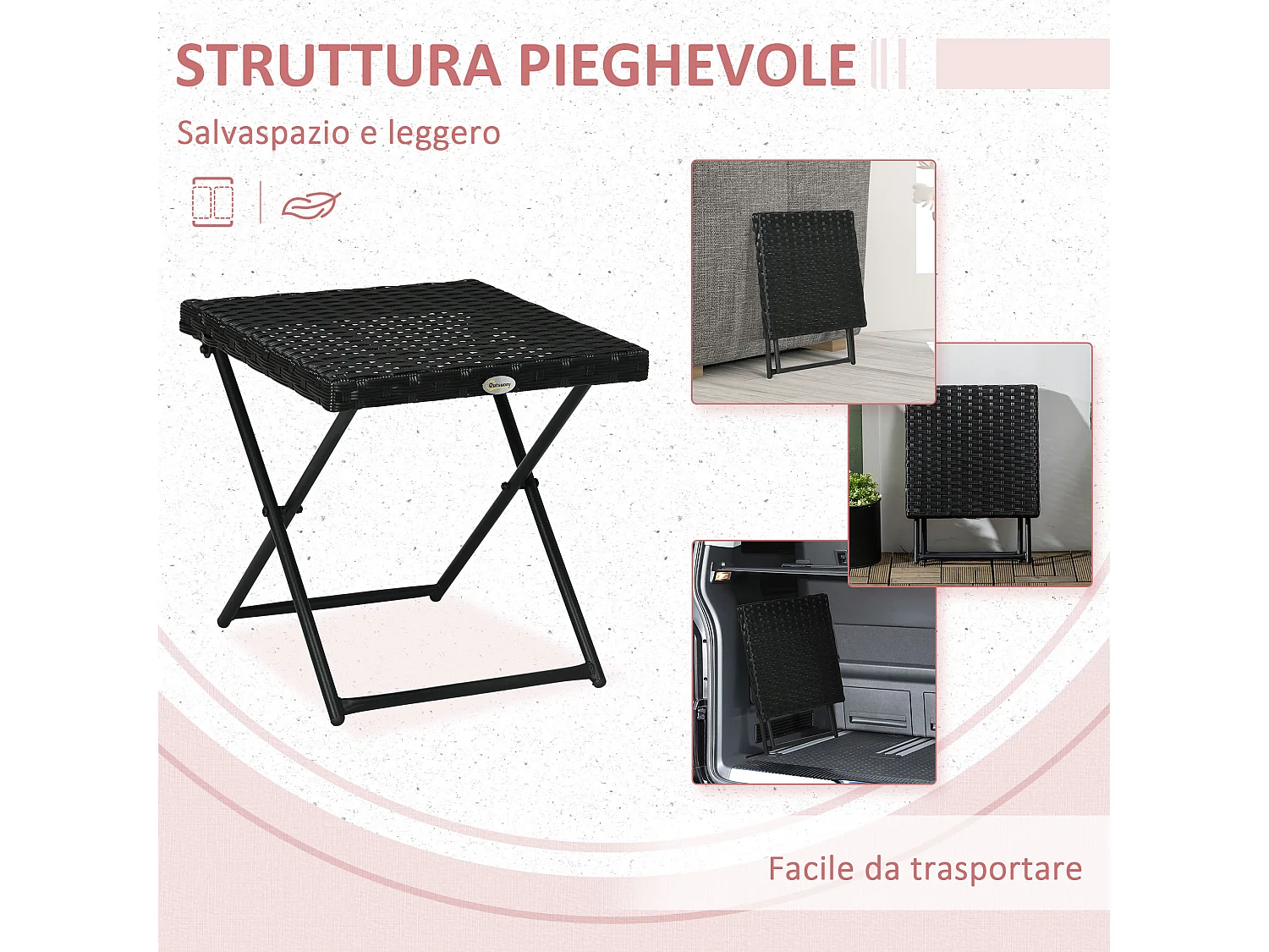Tavolino da giardino pieghevole in rattan PE 40x40x40cm nero