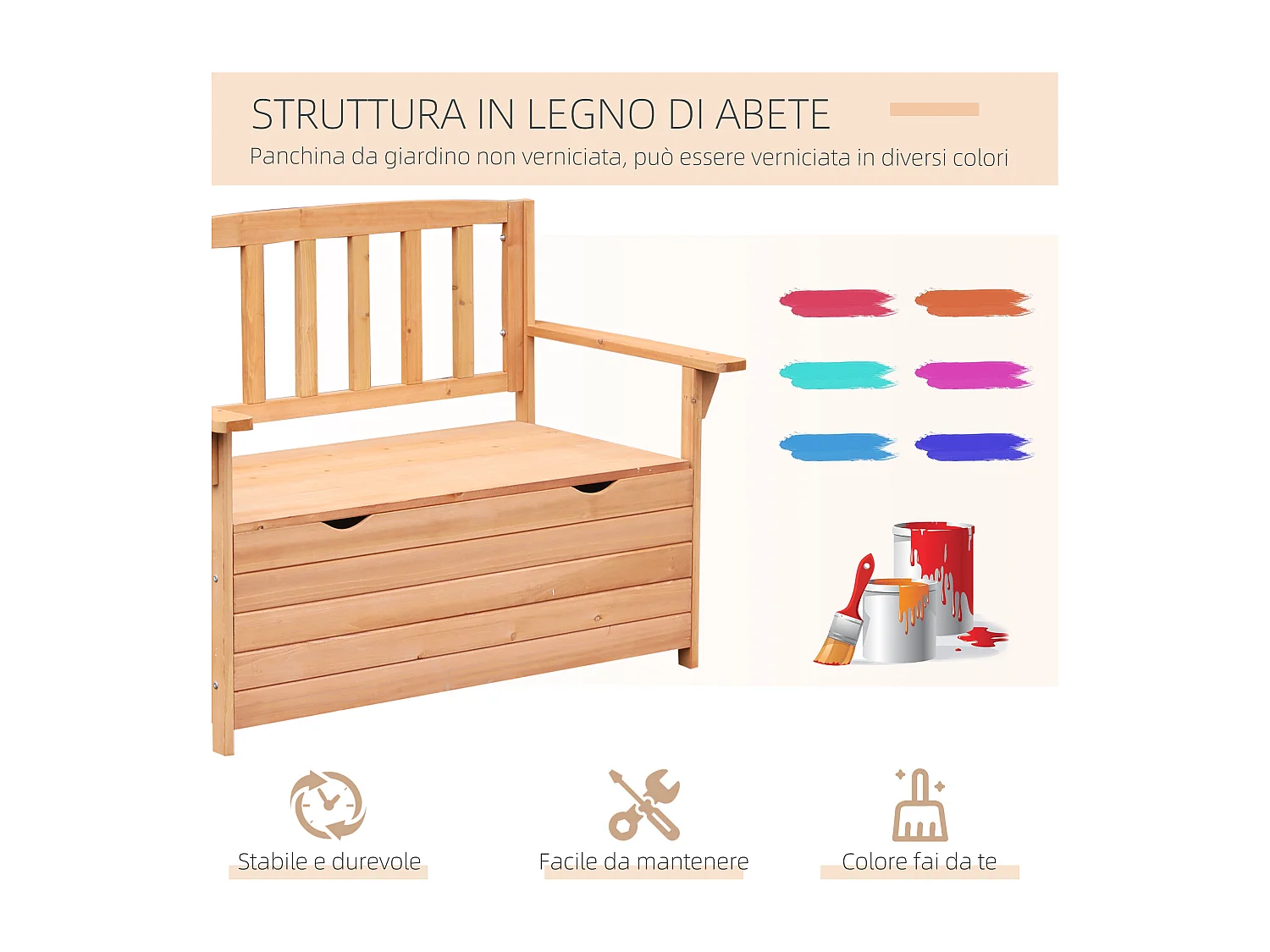 Panchina da giardino 2 posti con vano contenitore in legno di abete